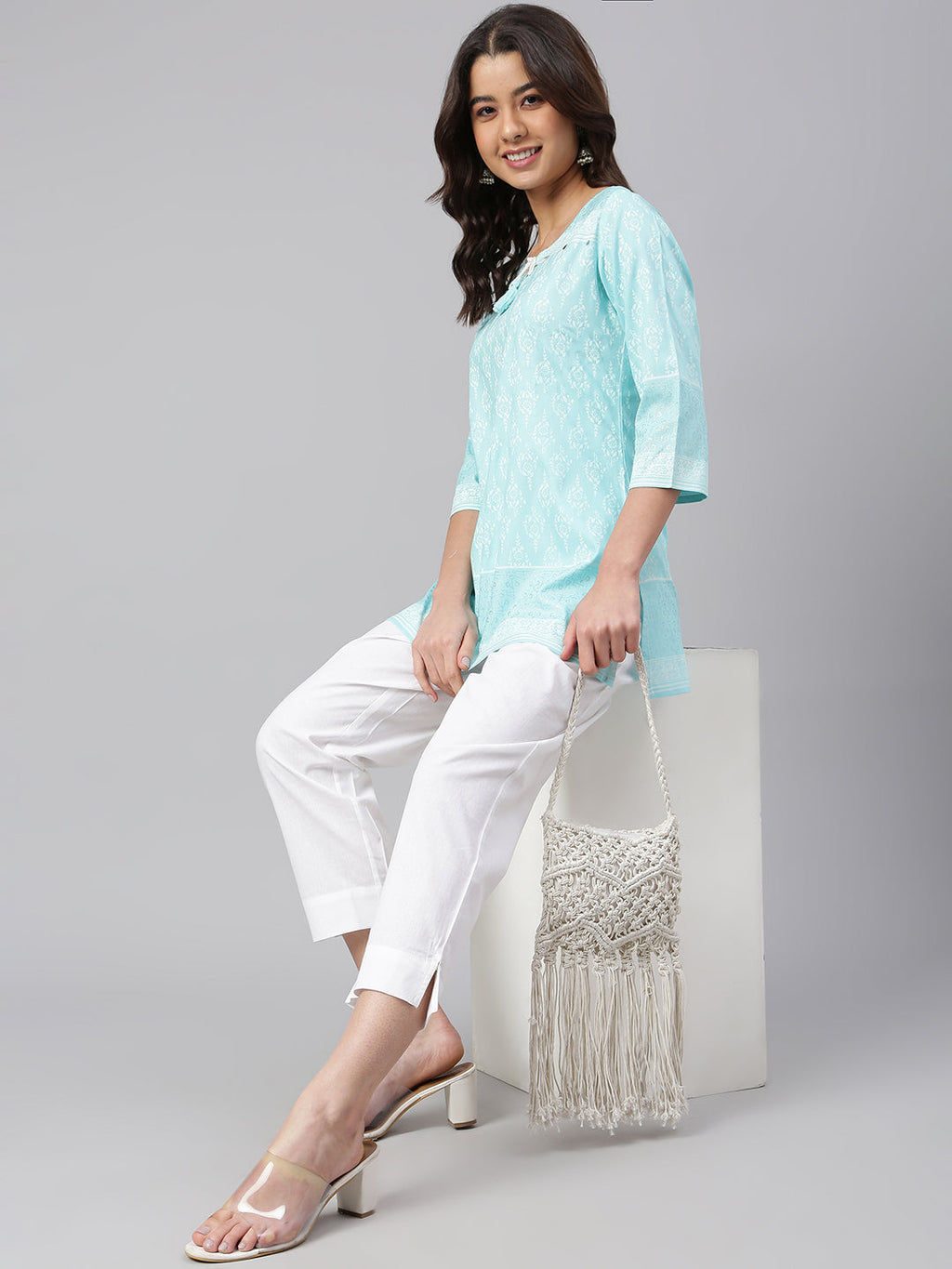 Janasya Women's Mint Blue Cotton Floral Print Straight Tunic