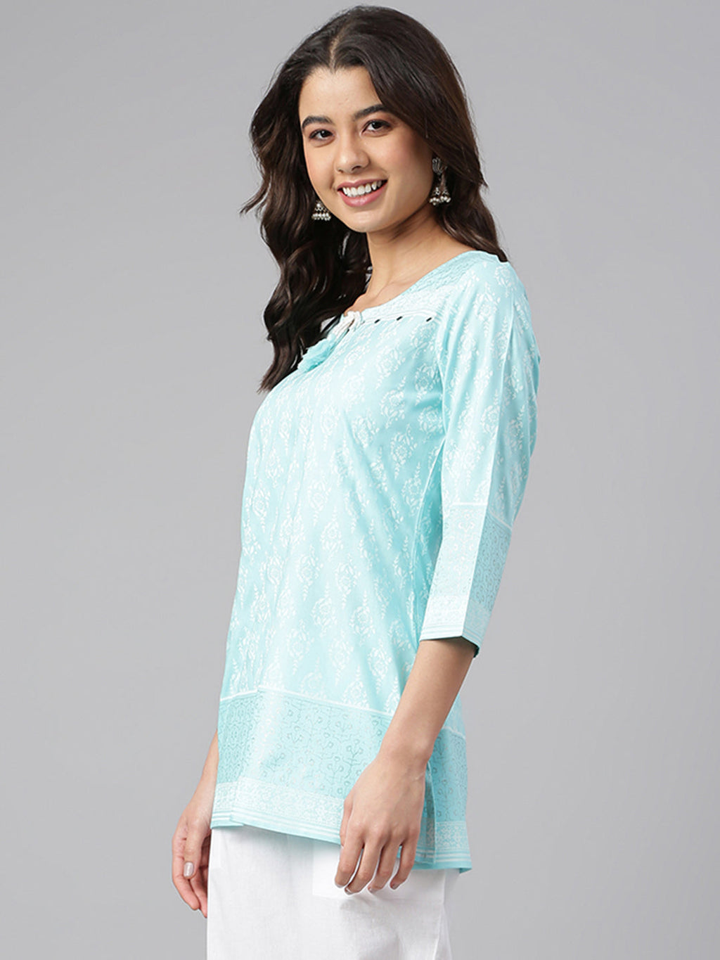 Janasya Women's Mint Blue Cotton Floral Print Straight Tunic