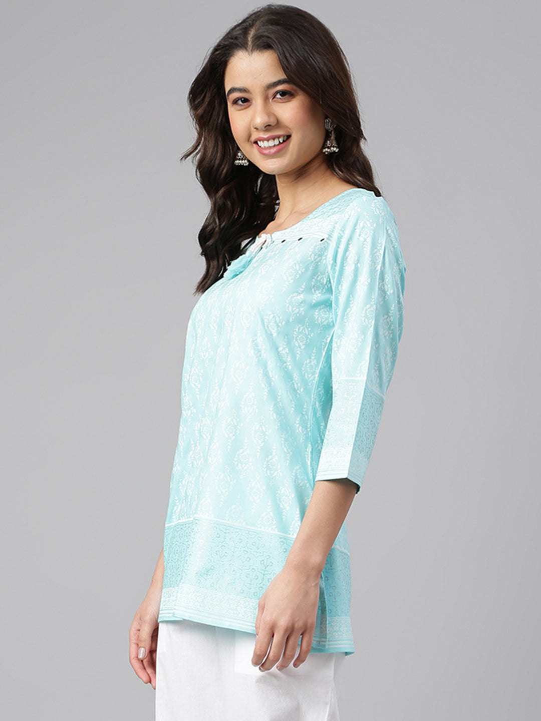Janasya Women's Mint Blue Cotton Floral Print Straight Tunic