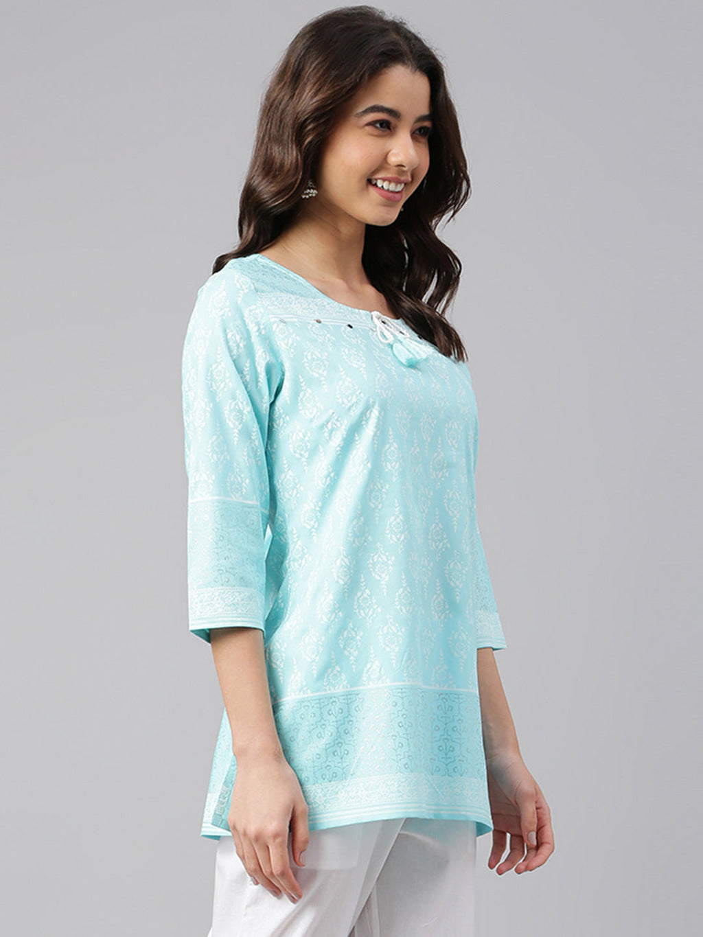 Janasya Women's Mint Blue Cotton Floral Print Straight Tunic