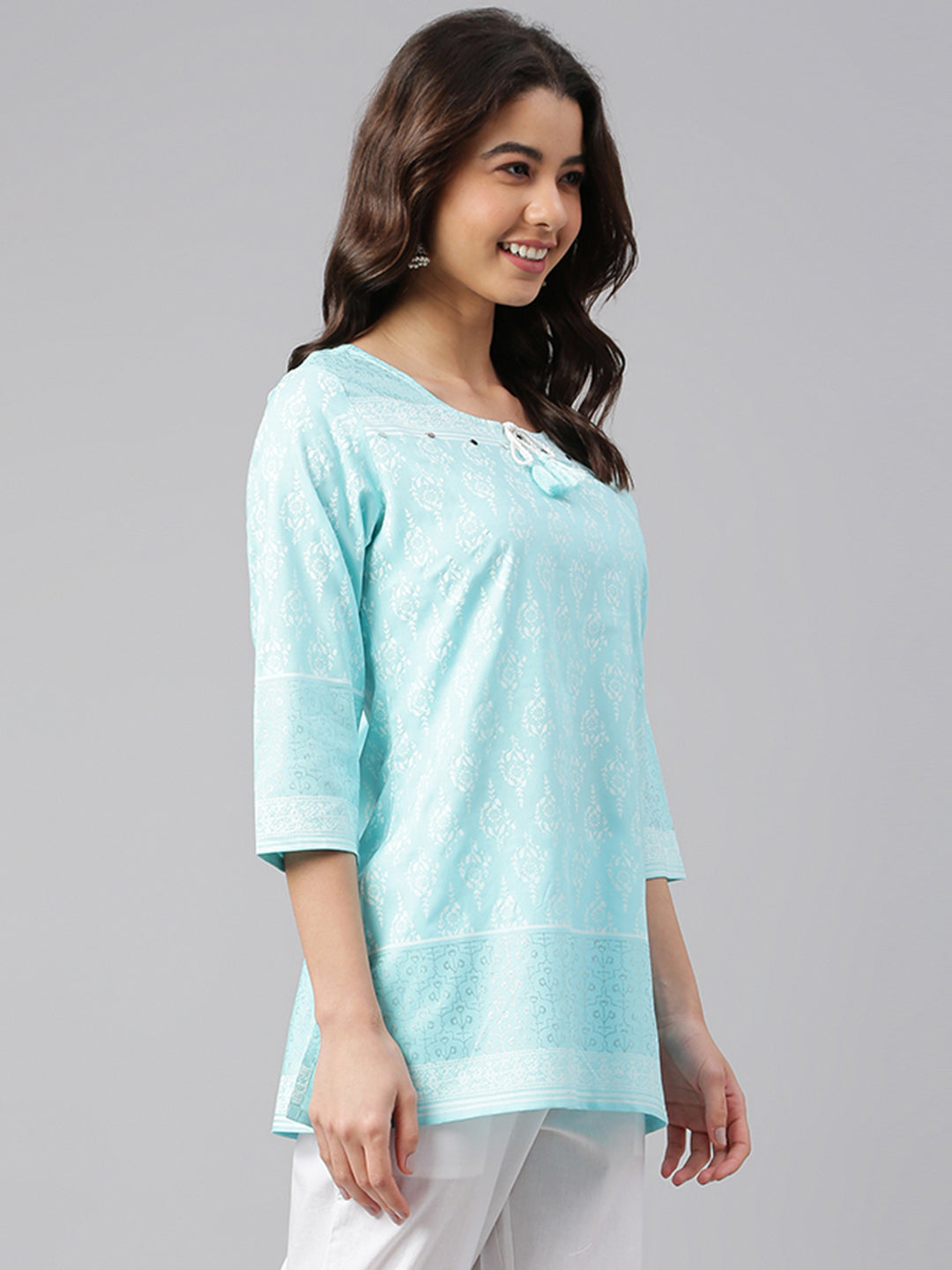 Janasya Women's Mint Blue Cotton Floral Print Straight Tunic