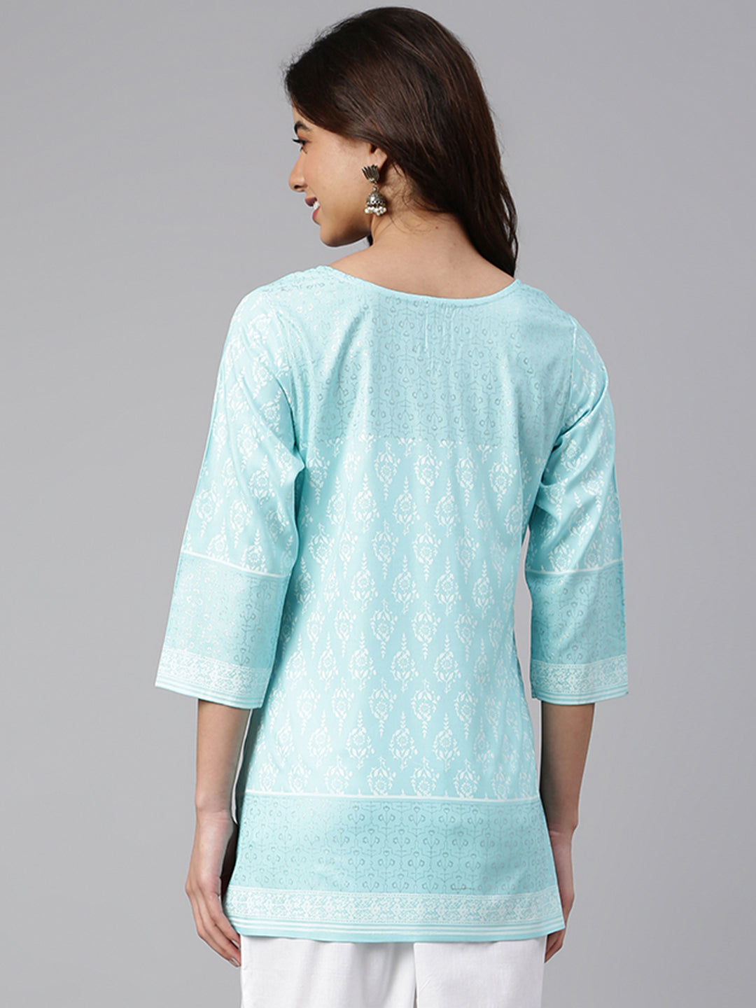 Janasya Women's Mint Blue Cotton Floral Print Straight Tunic