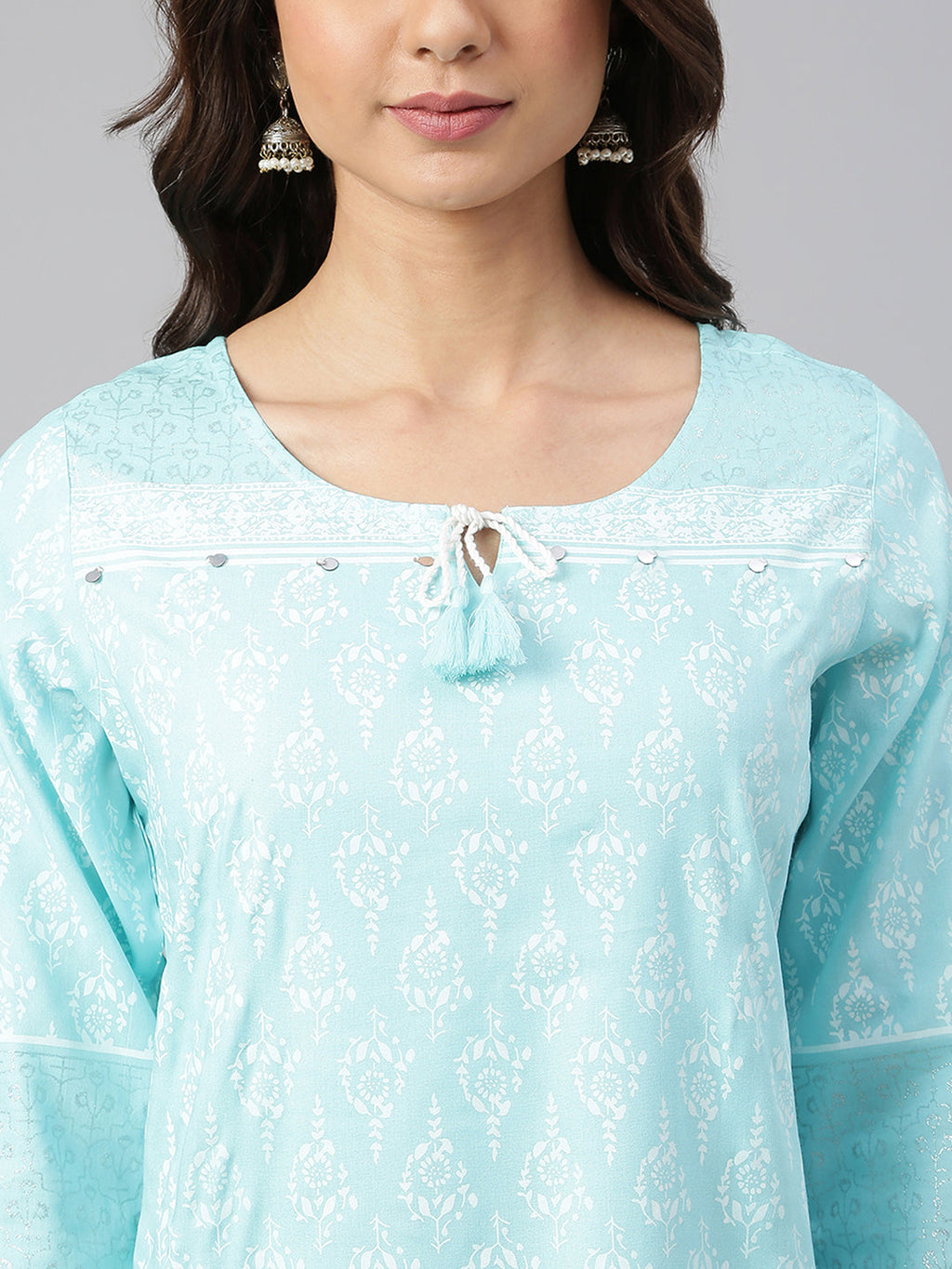 Janasya Women's Mint Blue Cotton Floral Print Straight Tunic