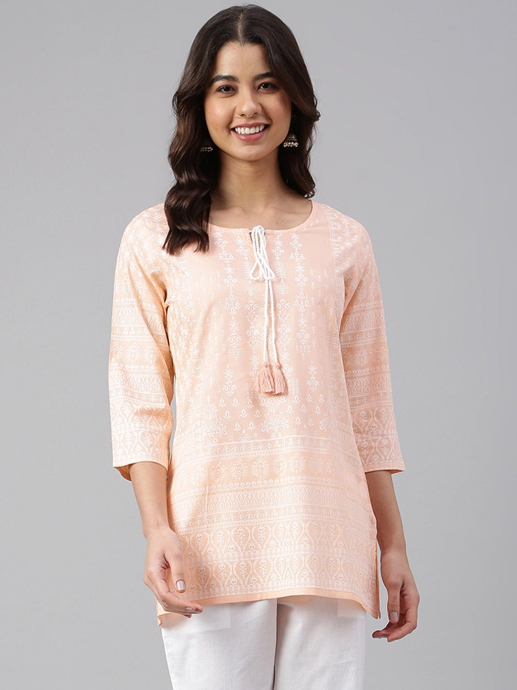 Janasya Women's Peach Cotton Ethnic Motifs Straight Tunic