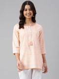 Janasya Women's Peach Cotton Ethnic Motifs Straight Tunic