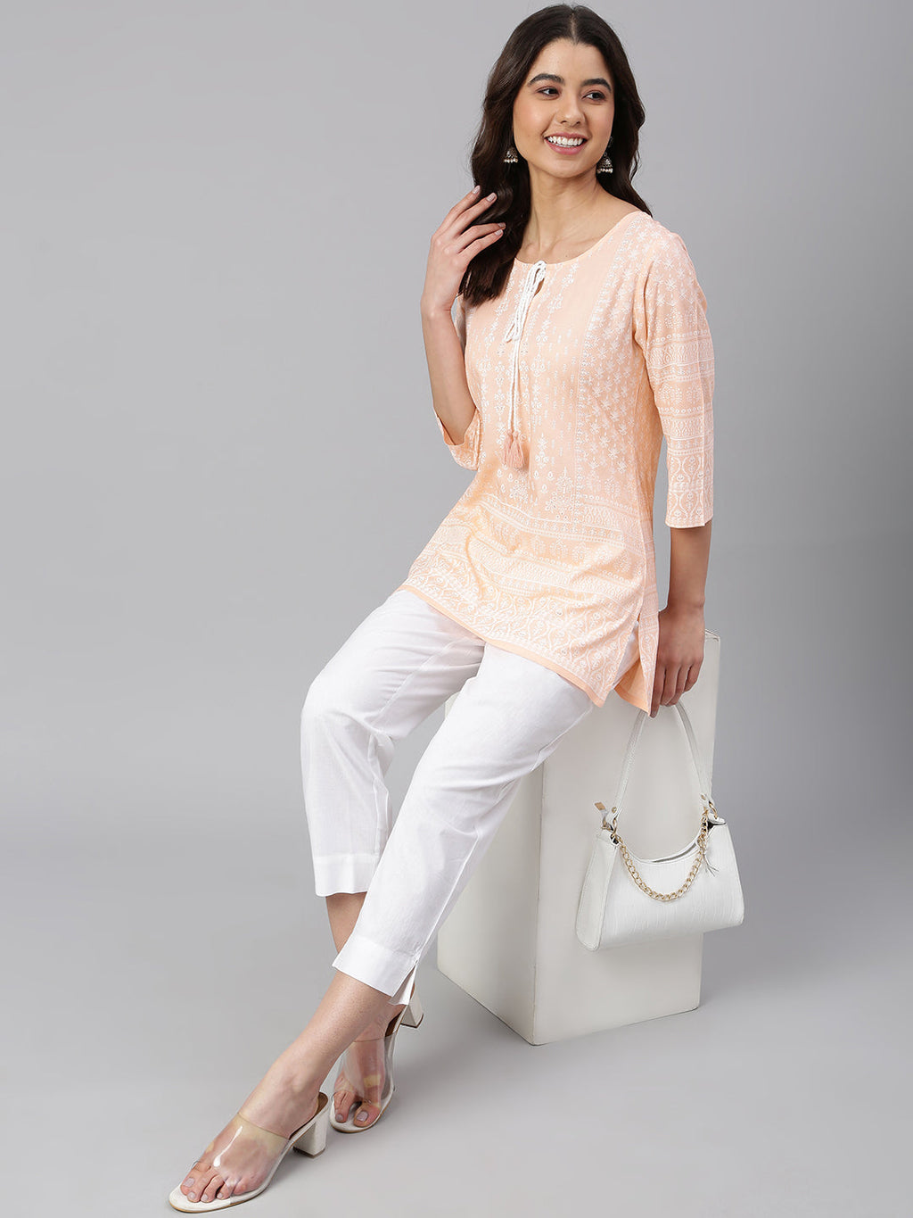 Janasya Women's Peach Cotton Ethnic Motifs Straight Tunic