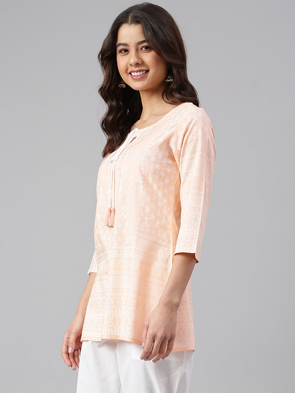 Janasya Women's Peach Cotton Ethnic Motifs Straight Tunic