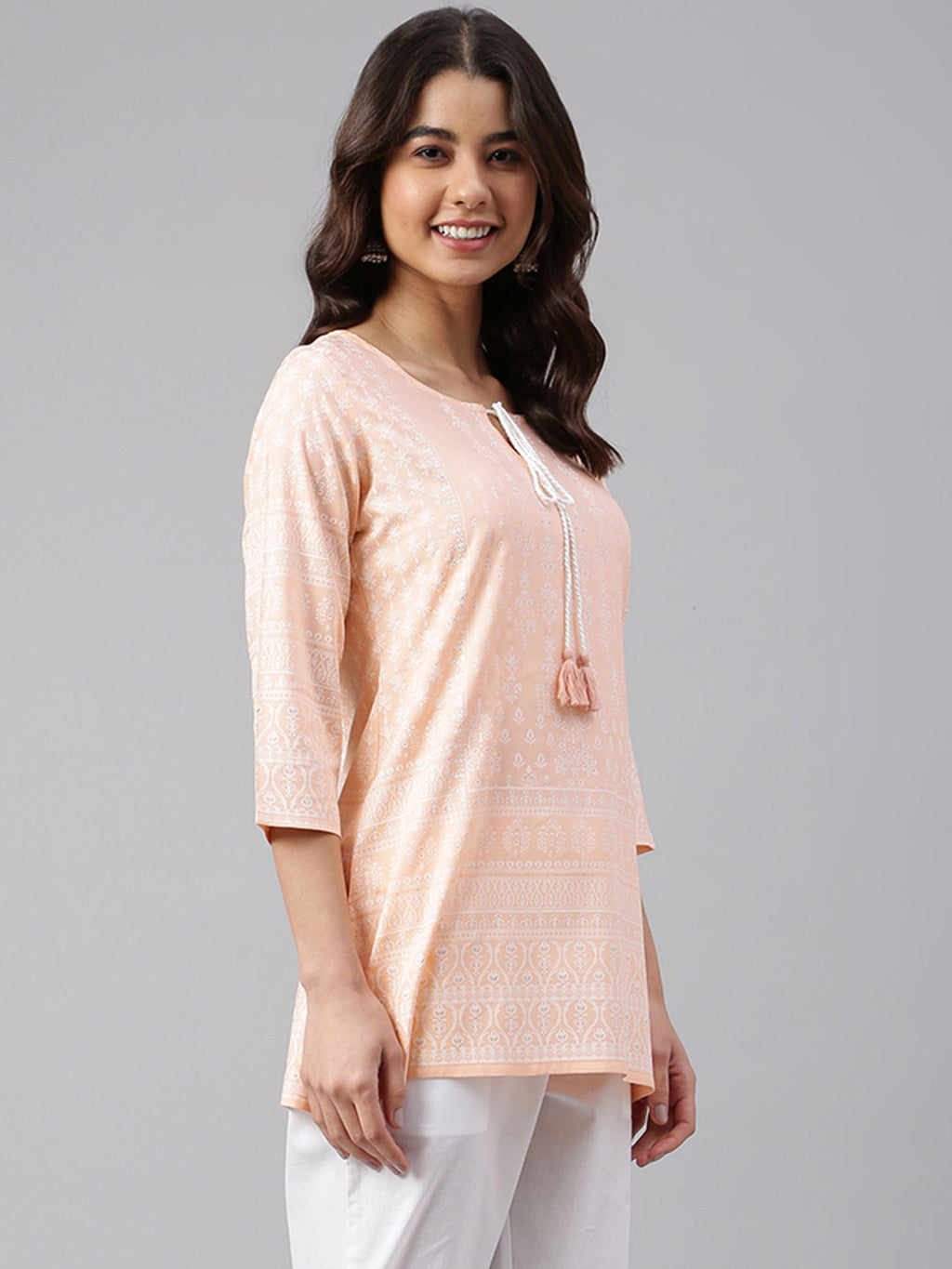Janasya Women's Peach Cotton Ethnic Motifs Straight Tunic