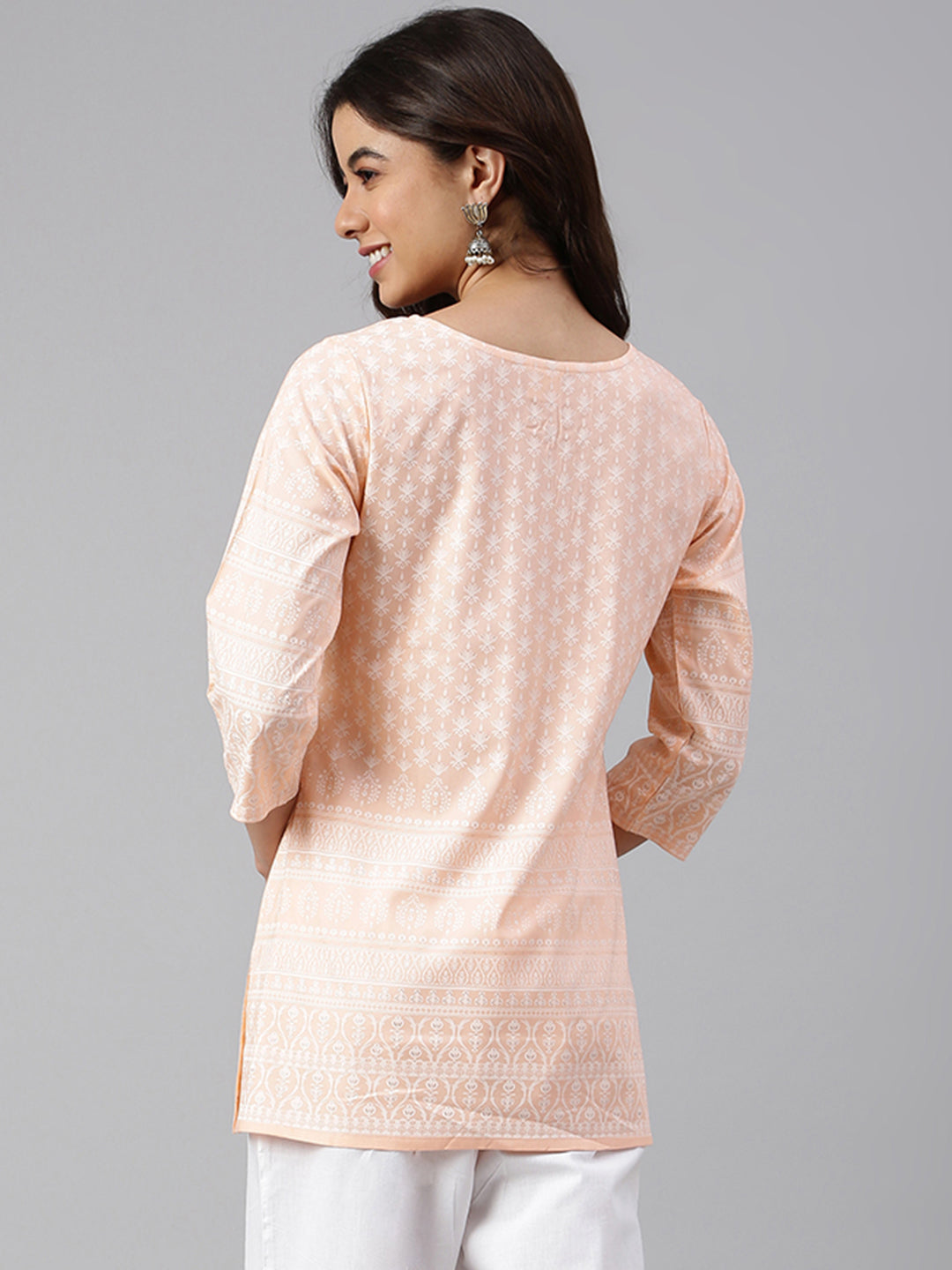 Janasya Women's Peach Cotton Ethnic Motifs Straight Tunic