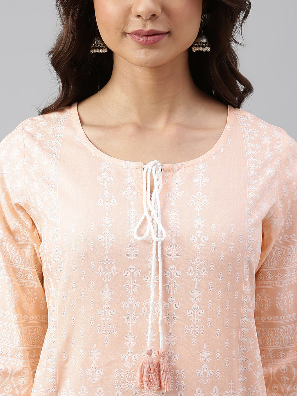 Janasya Women's Peach Cotton Ethnic Motifs Straight Tunic