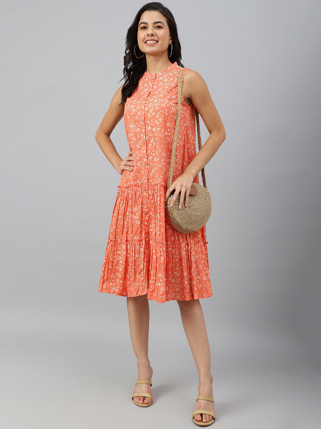 Janasya Women's Peach Cotton Floral Printed Flared Western Dress
