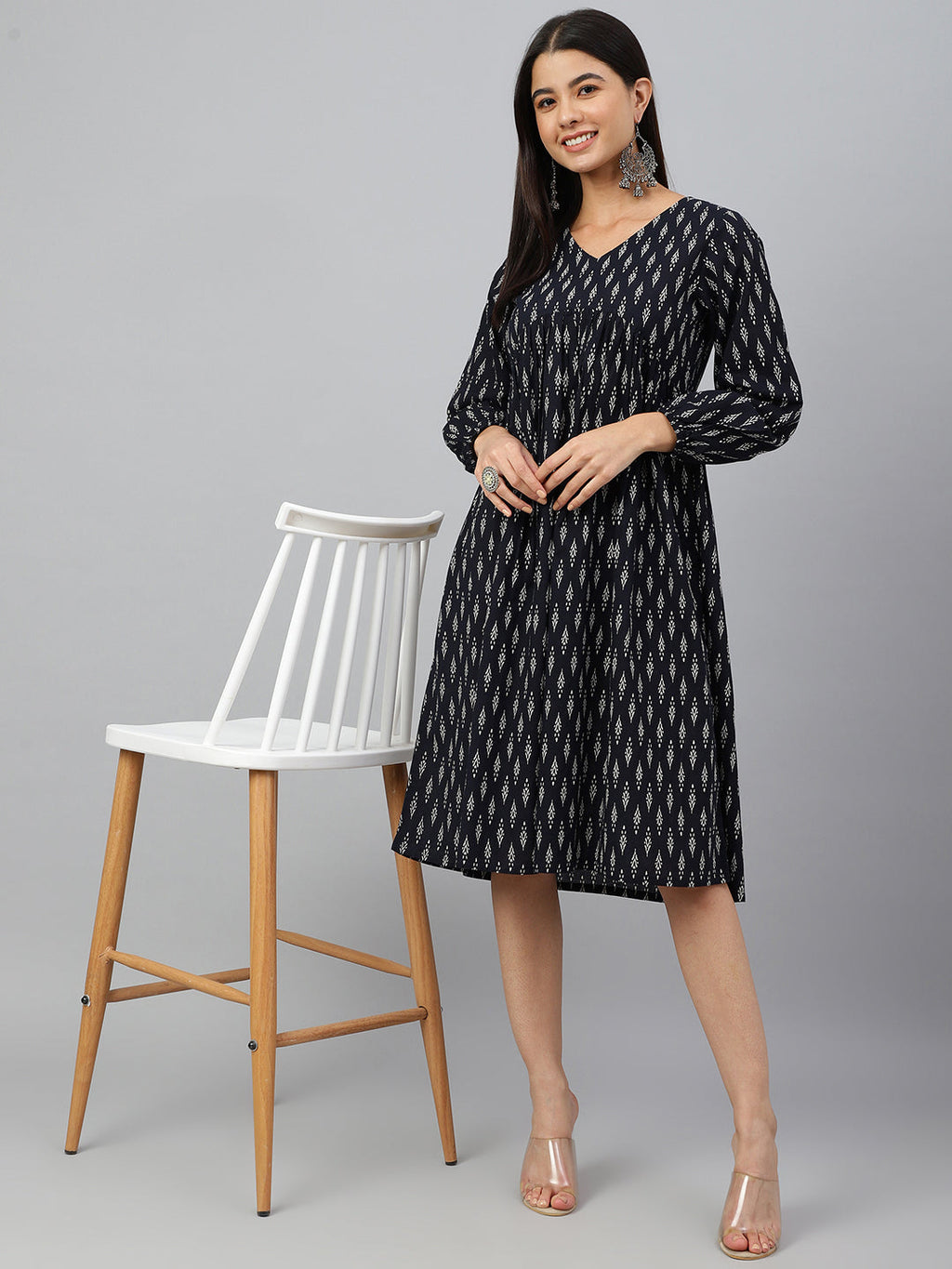 Janasya Women's Black Cotton Printed A-line Western Dress
