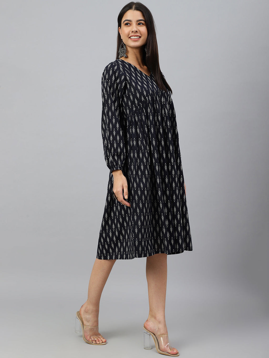 Janasya Women's Black Cotton Printed A-line Western Dress