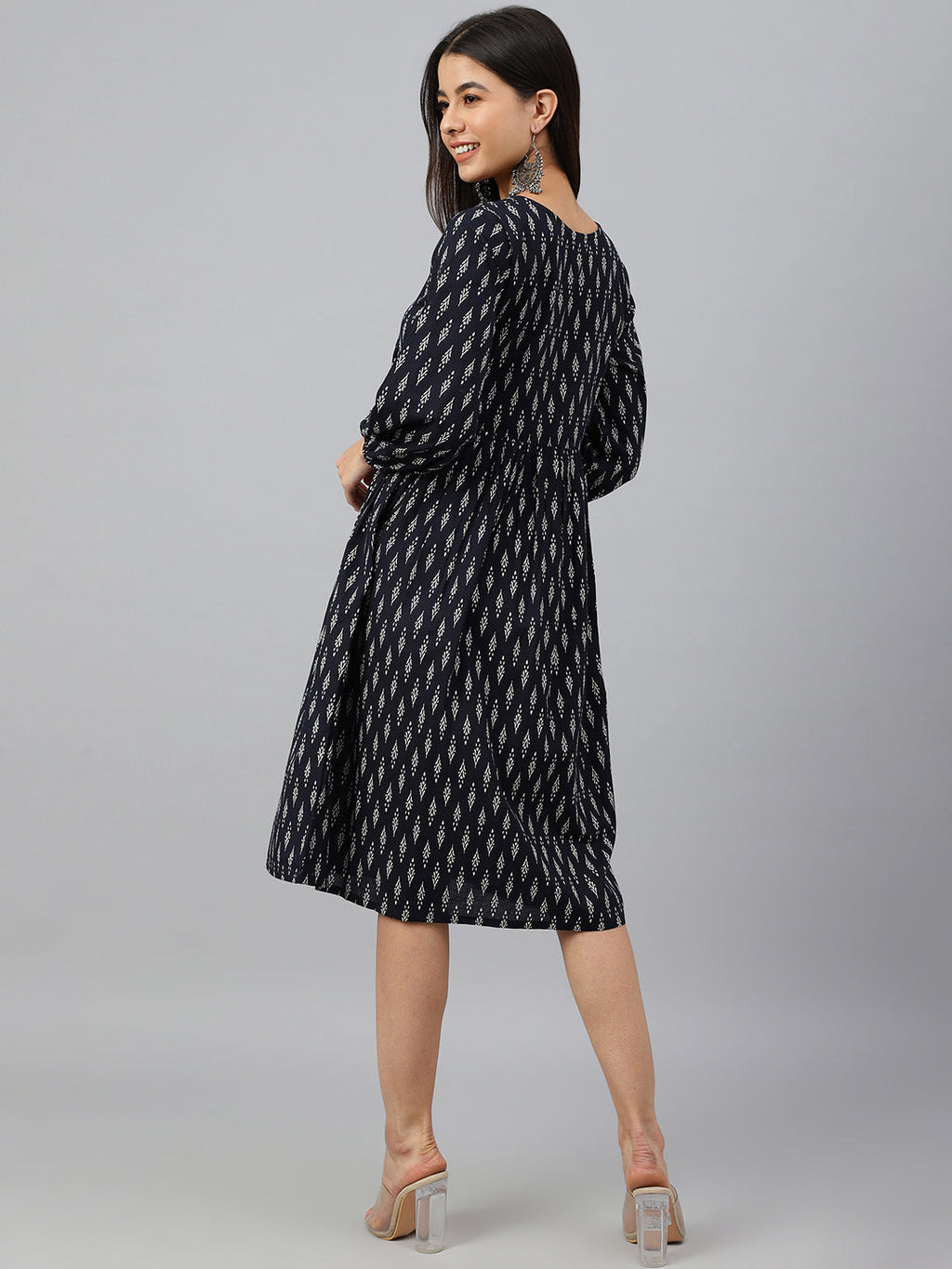 Janasya Women's Black Cotton Printed A-line Western Dress