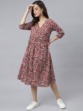 Janasya Women's Maroon Cotton Floral Printed Angrakha Western Dress