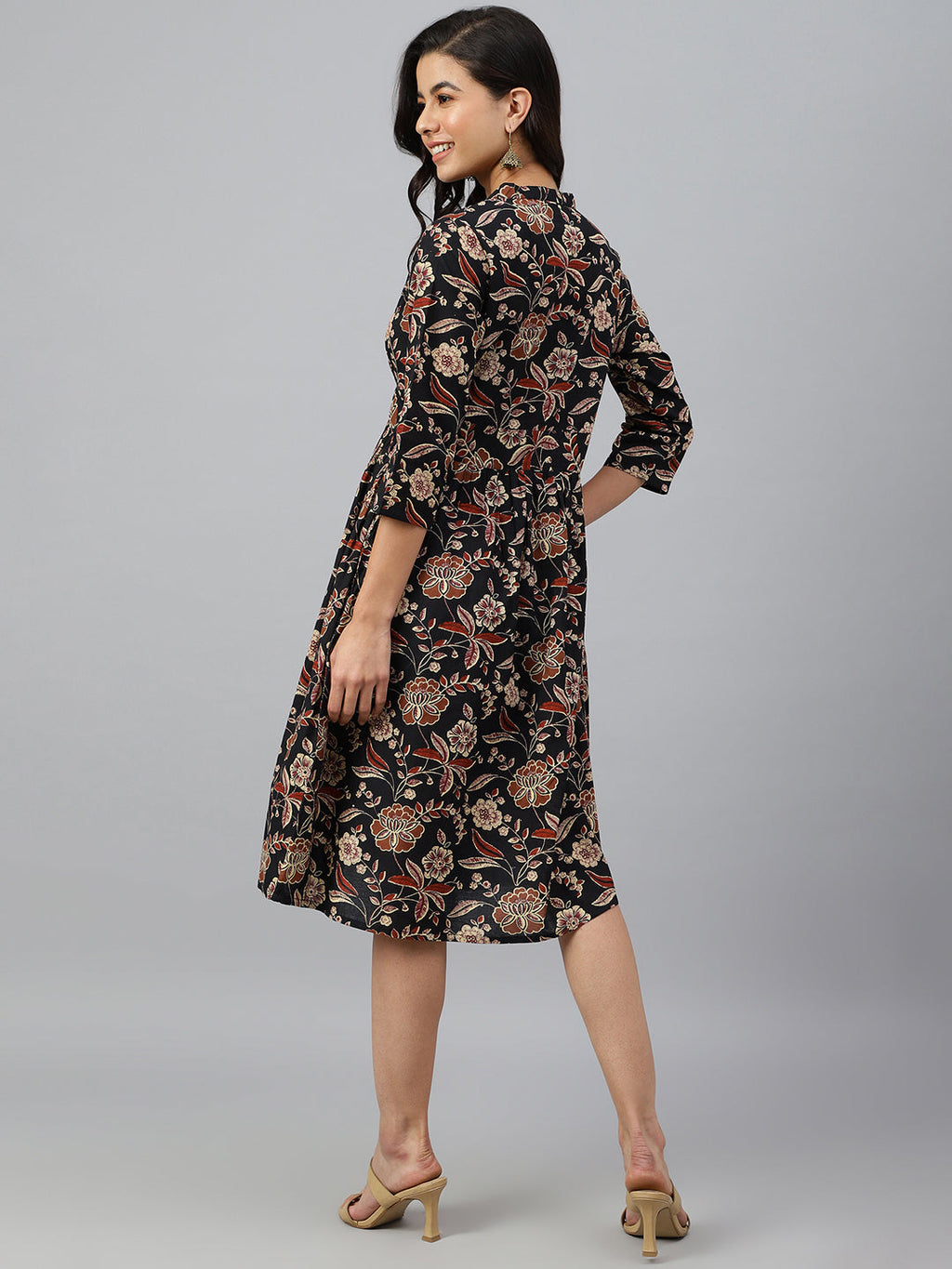 Janasya Women's Black Cotton Floral Printed Flared Western Dress
