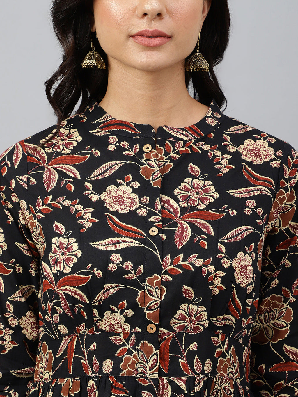 Janasya Women's Black Cotton Floral Printed Flared Western Dress
