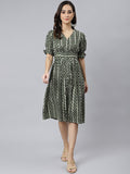 Janasya Women's Olive Cotton Chevron Printed A-line Western Dress