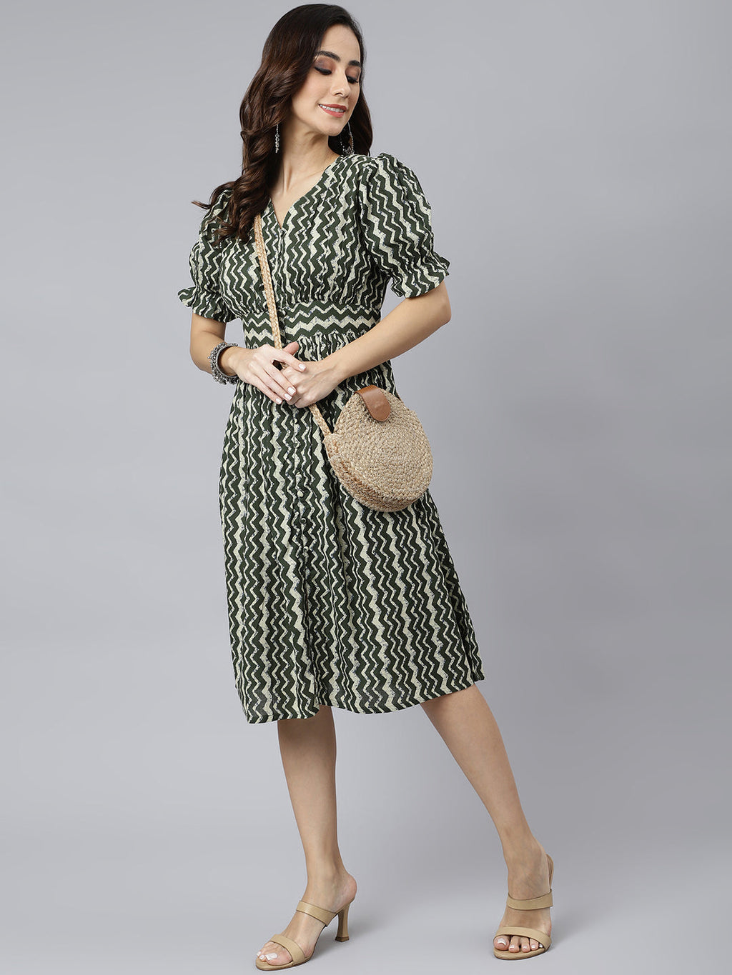 Janasya Women's Olive Cotton Chevron Printed A-line Western Dress