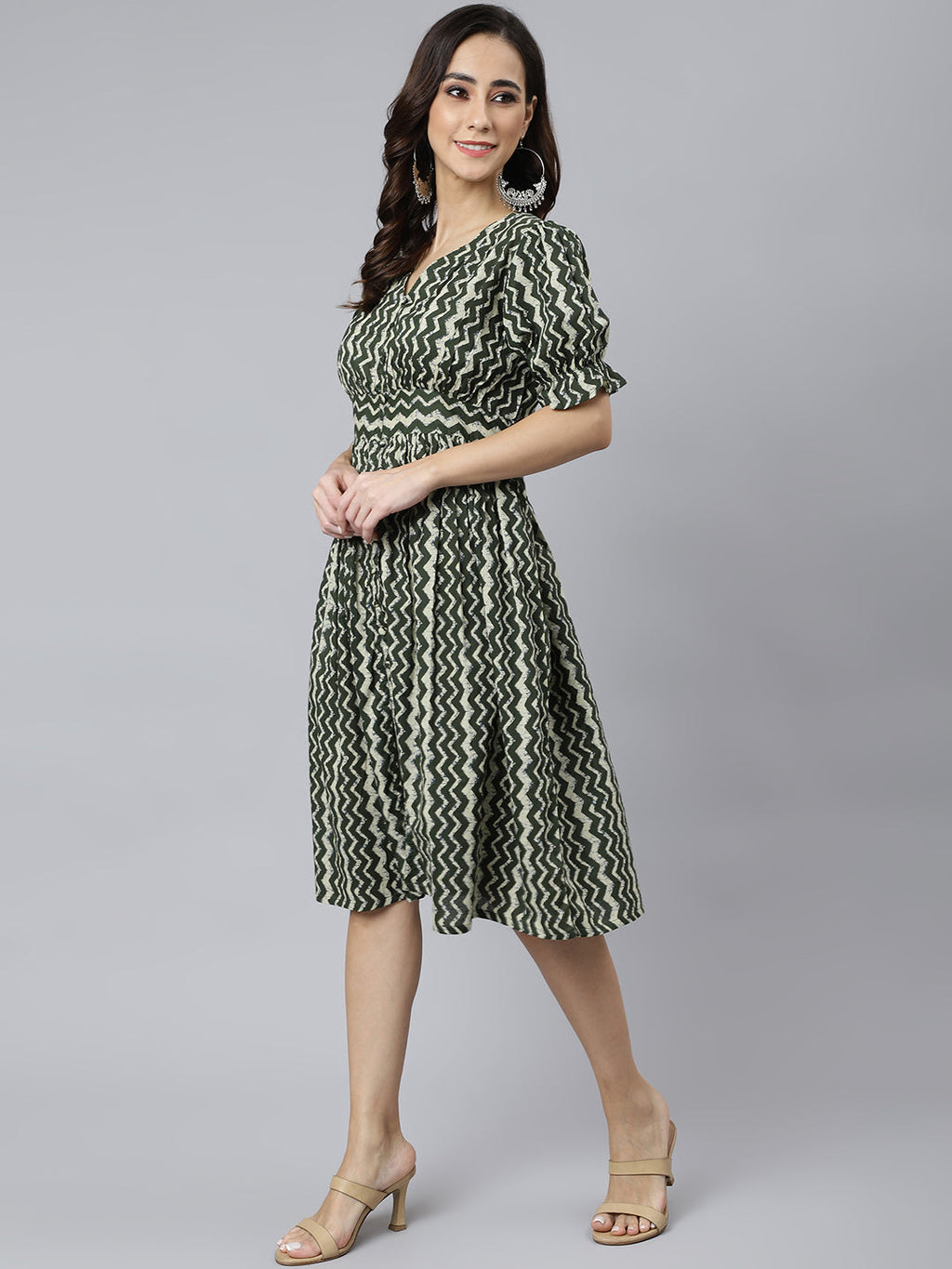 Janasya Women's Olive Cotton Chevron Printed A-line Western Dress