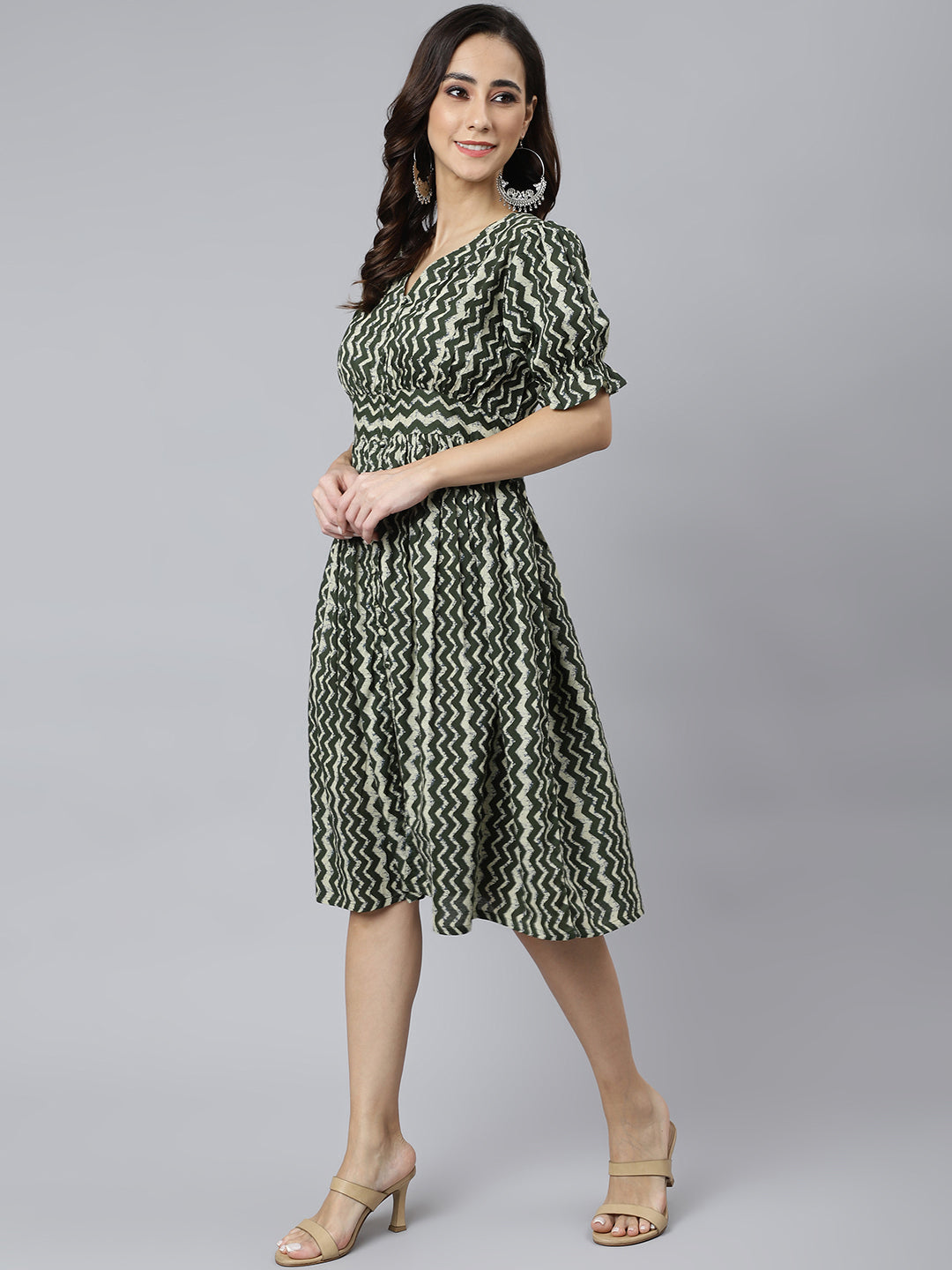 Janasya Women's Olive Cotton Chevron Printed A-line Western Dress