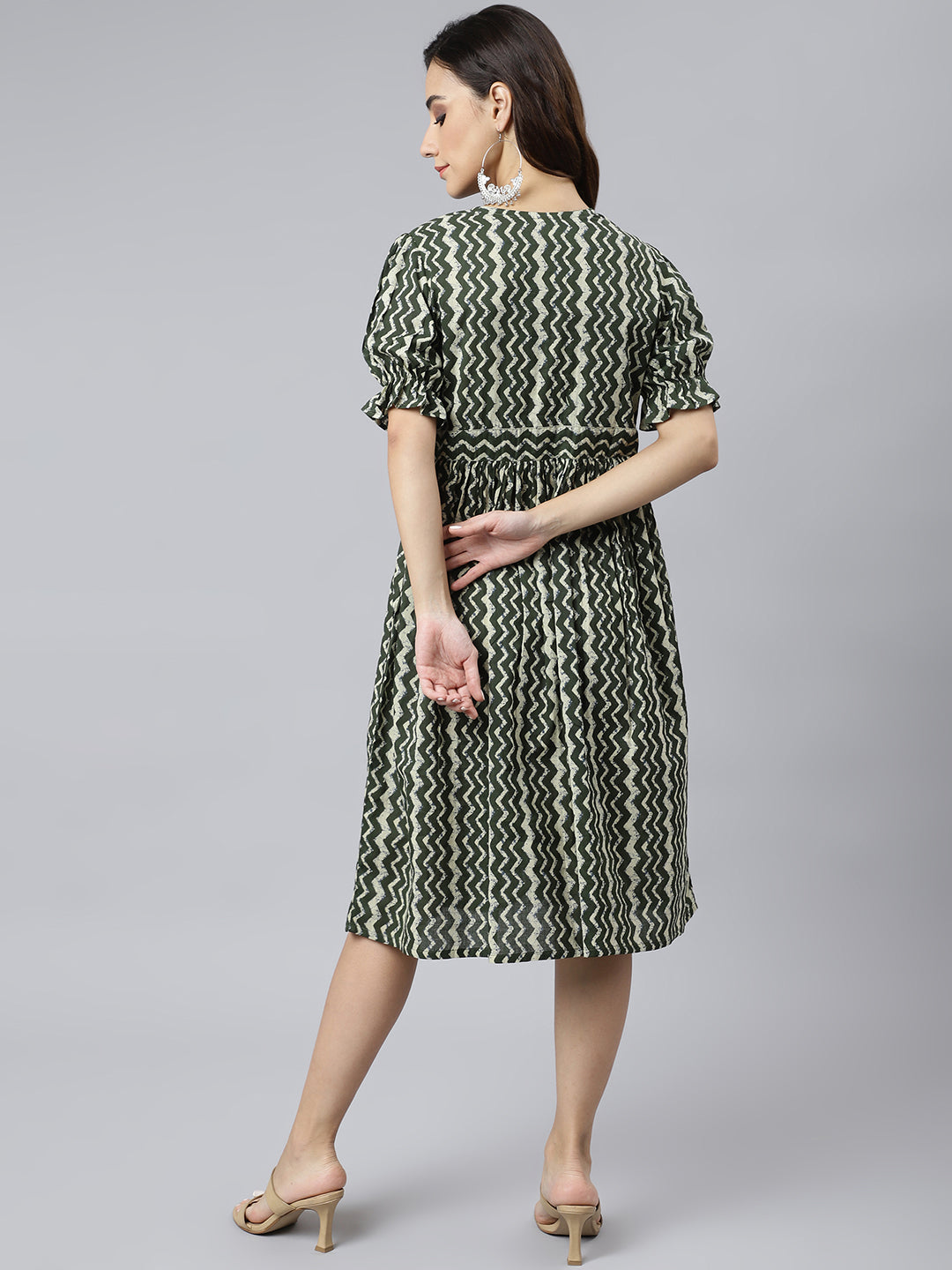 Janasya Women's Olive Cotton Chevron Printed A-line Western Dress