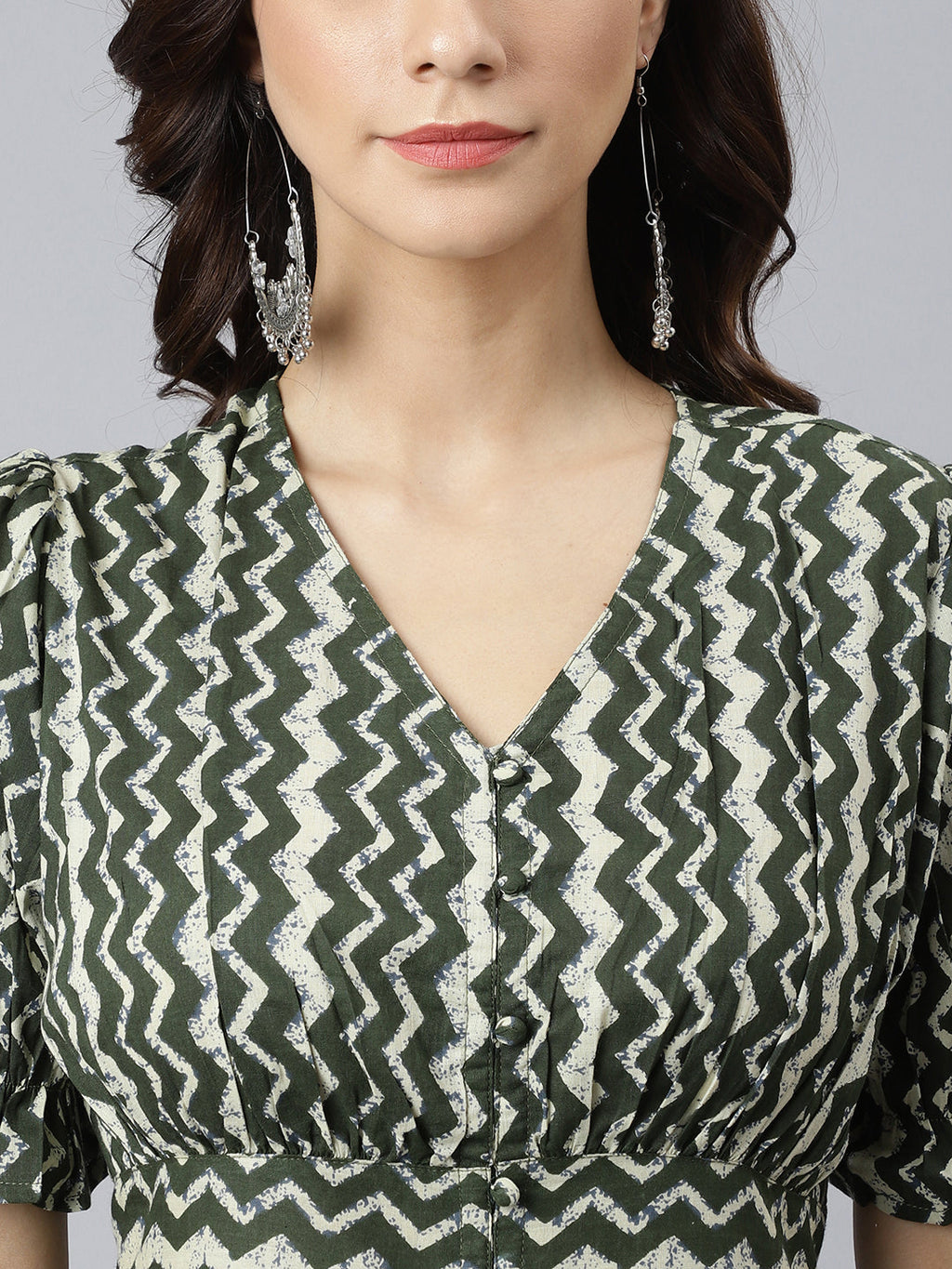 Janasya Women's Olive Cotton Chevron Printed A-line Western Dress