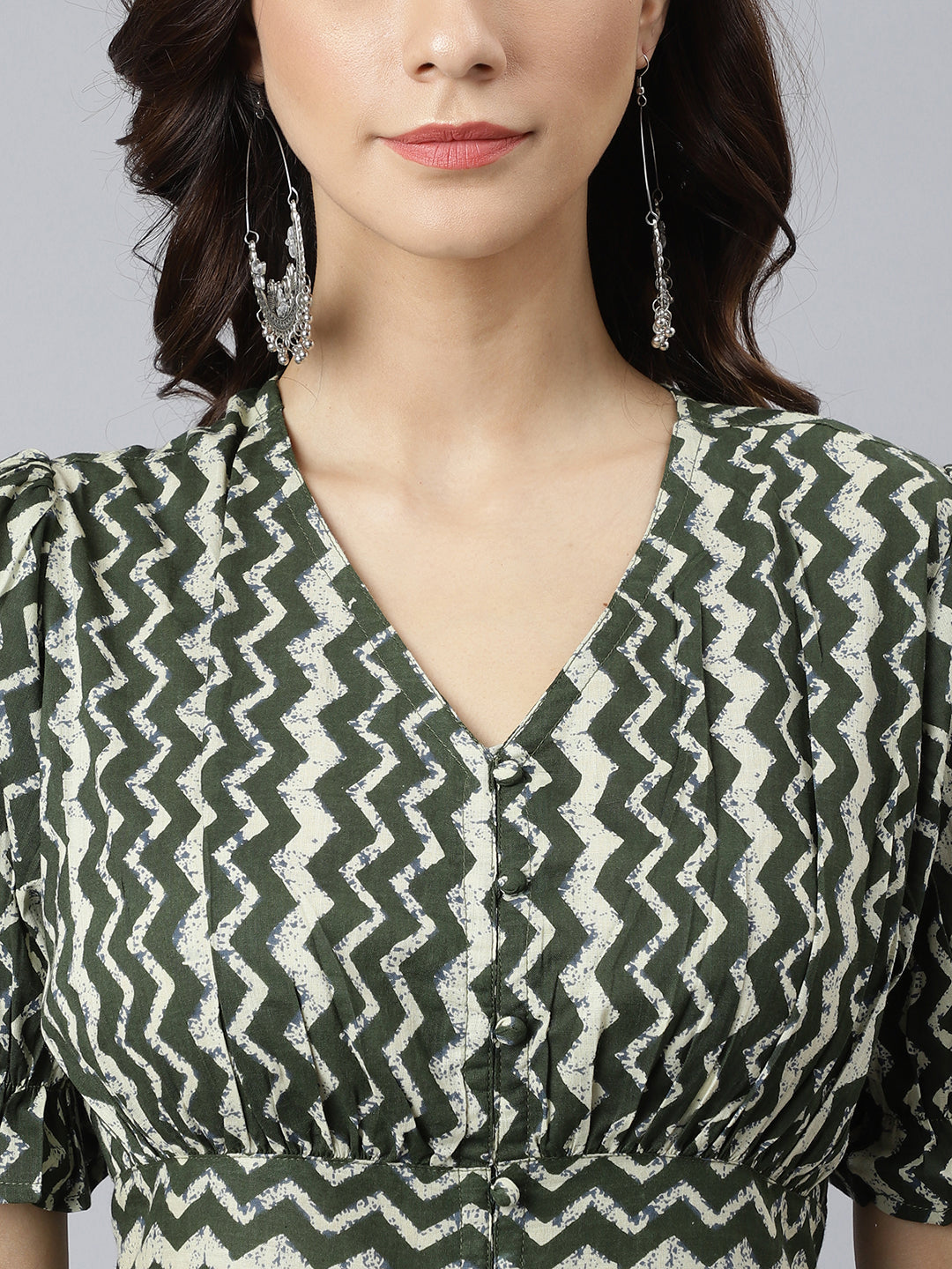 Janasya Women's Olive Cotton Chevron Printed A-line Western Dress