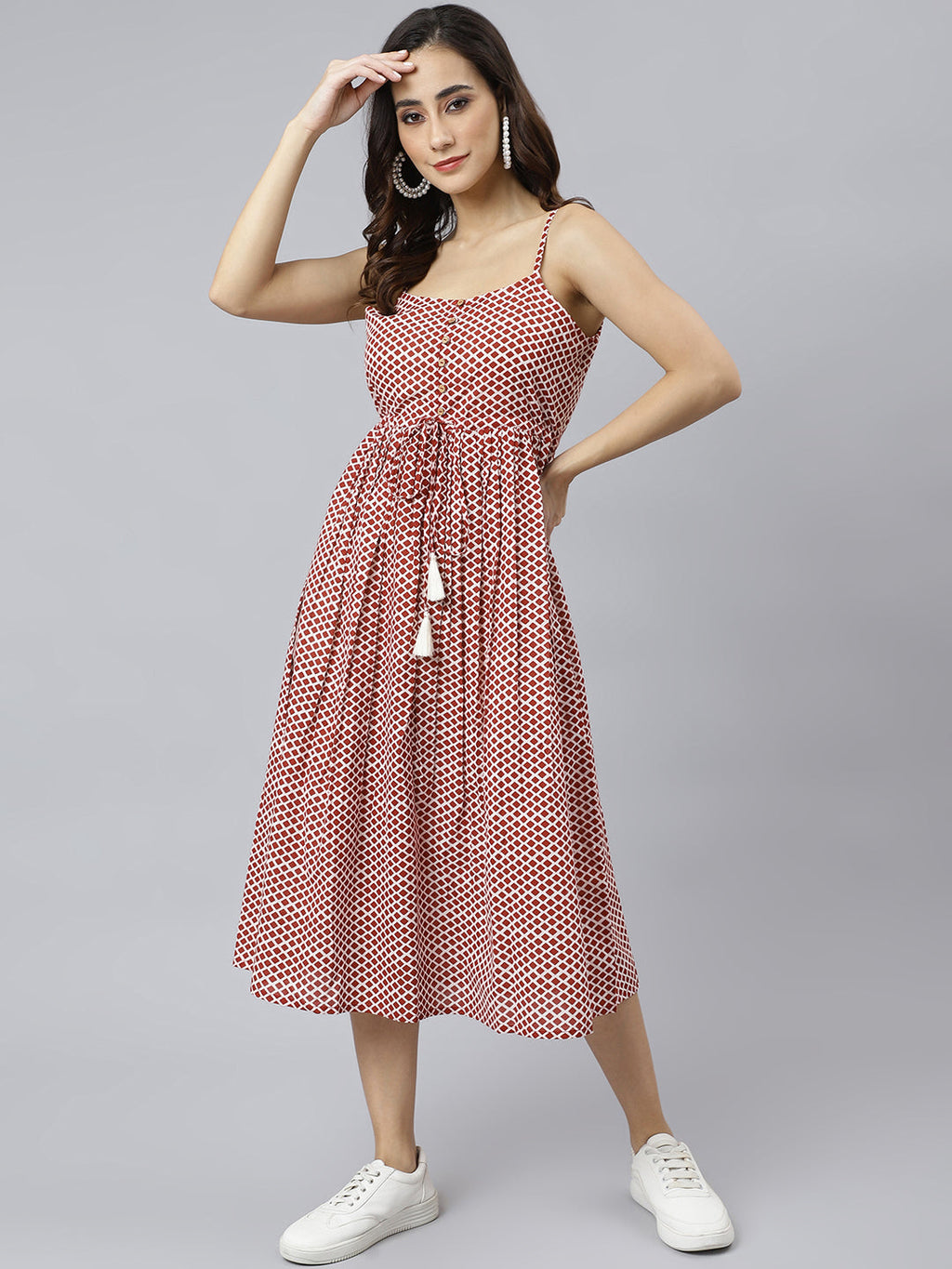 Janasya Women's Red Cotton Shapes Print Flared Western Dress