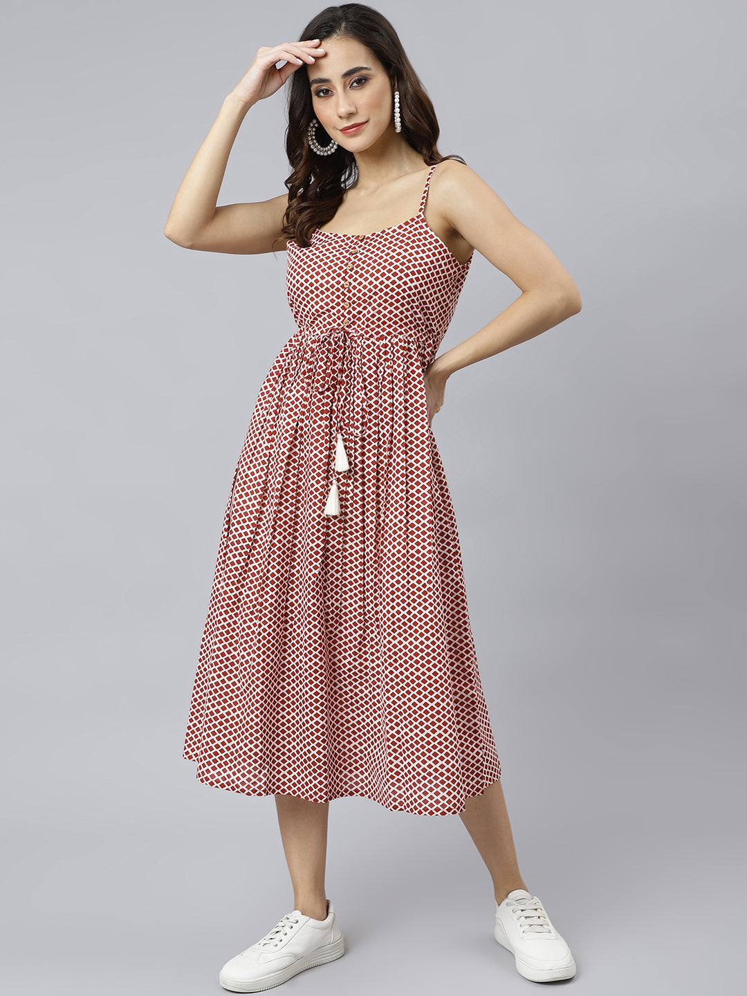 Janasya Women's Red Cotton Shapes Print Flared Western Dress
