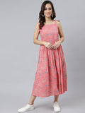 Janasya Women's Pink Cotton Floral Printed Flared Western Dress