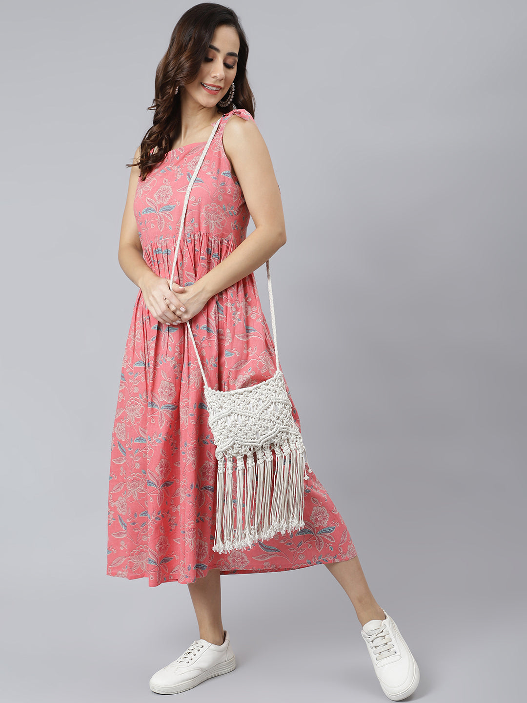 Janasya Women's Pink Cotton Floral Printed Flared Western Dress