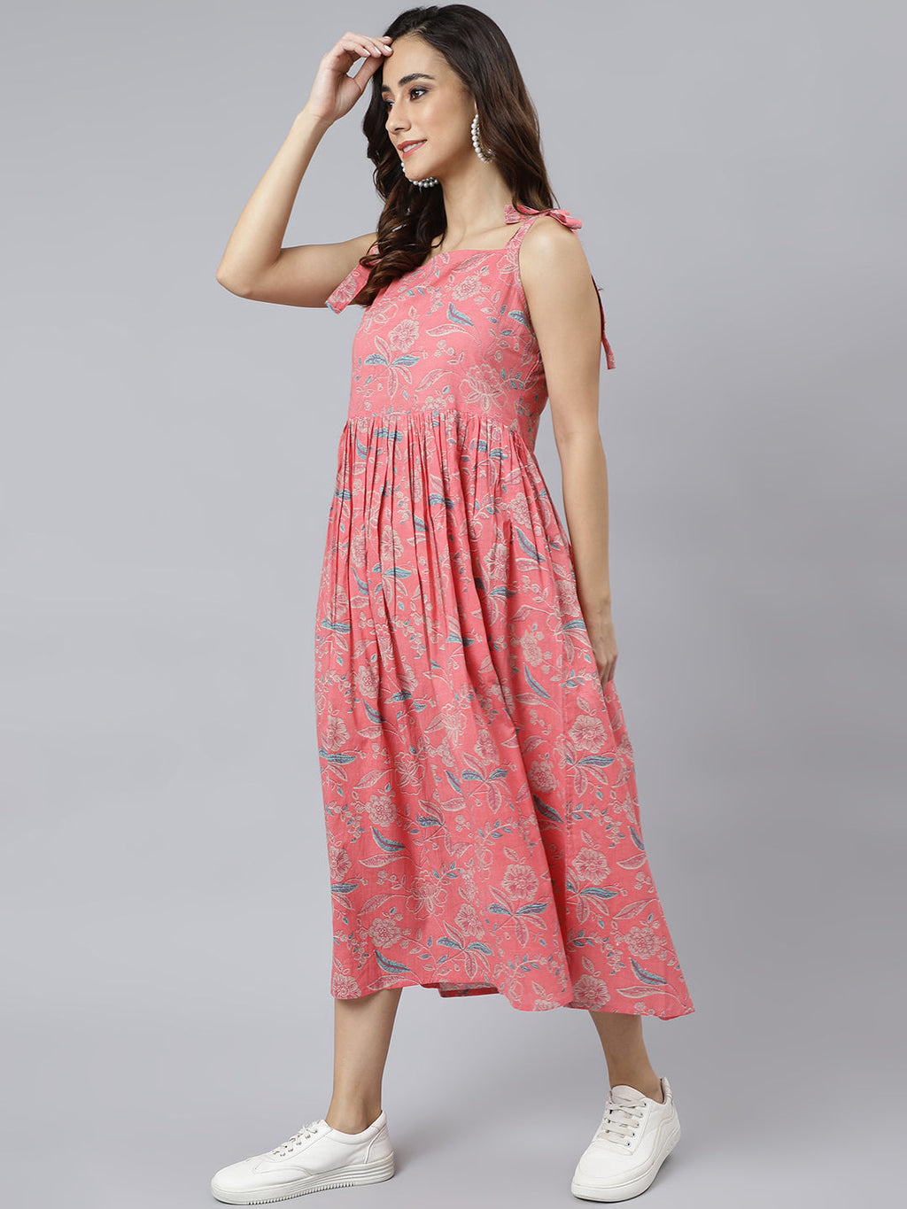 Janasya Women's Pink Cotton Floral Printed Flared Western Dress