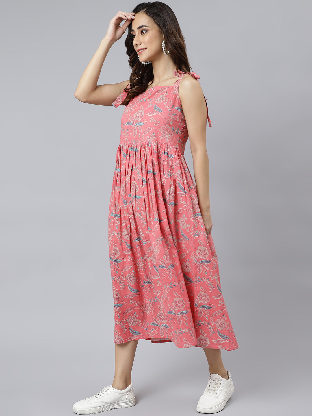 Janasya Women's Pink Cotton Floral Printed Flared Western Dress