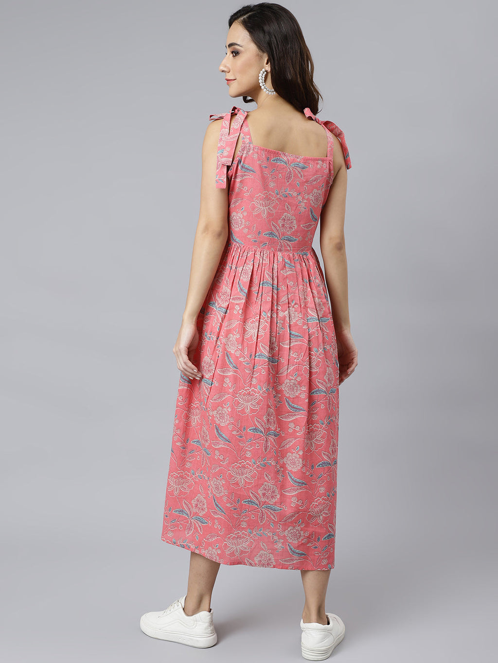 Janasya Women's Pink Cotton Floral Printed Flared Western Dress