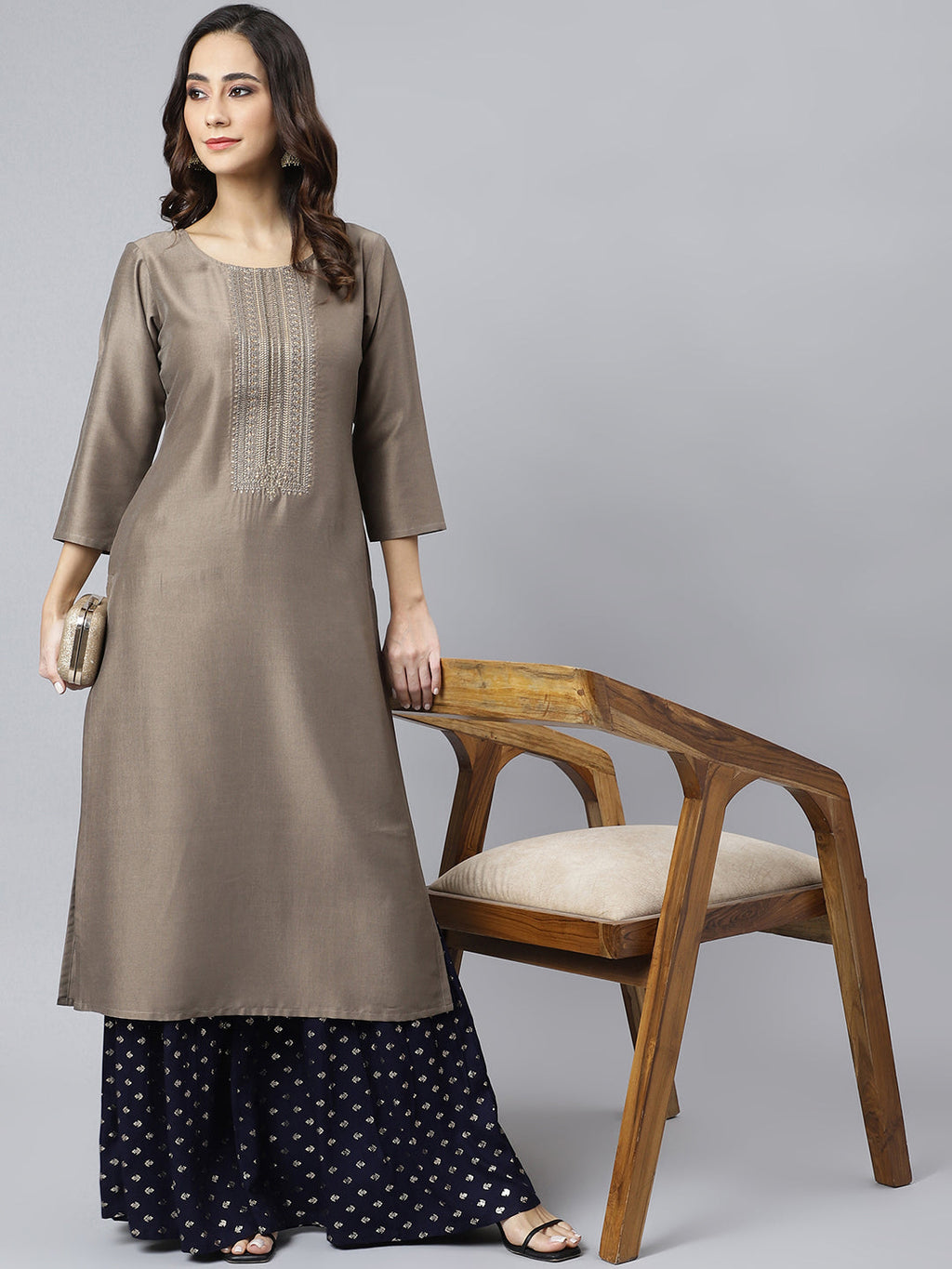 Janasya Women's Taupe Poly Silk Solid Casual Straight kurta