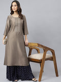 Janasya Women's Taupe Poly Silk Solid Casual Straight kurta