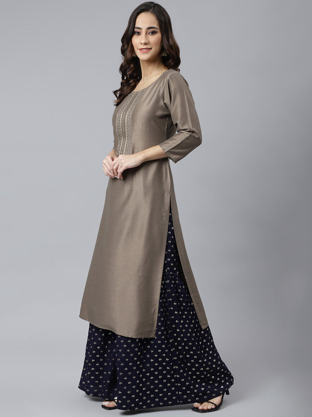 Janasya Women's Taupe Poly Silk Solid Casual Straight kurta