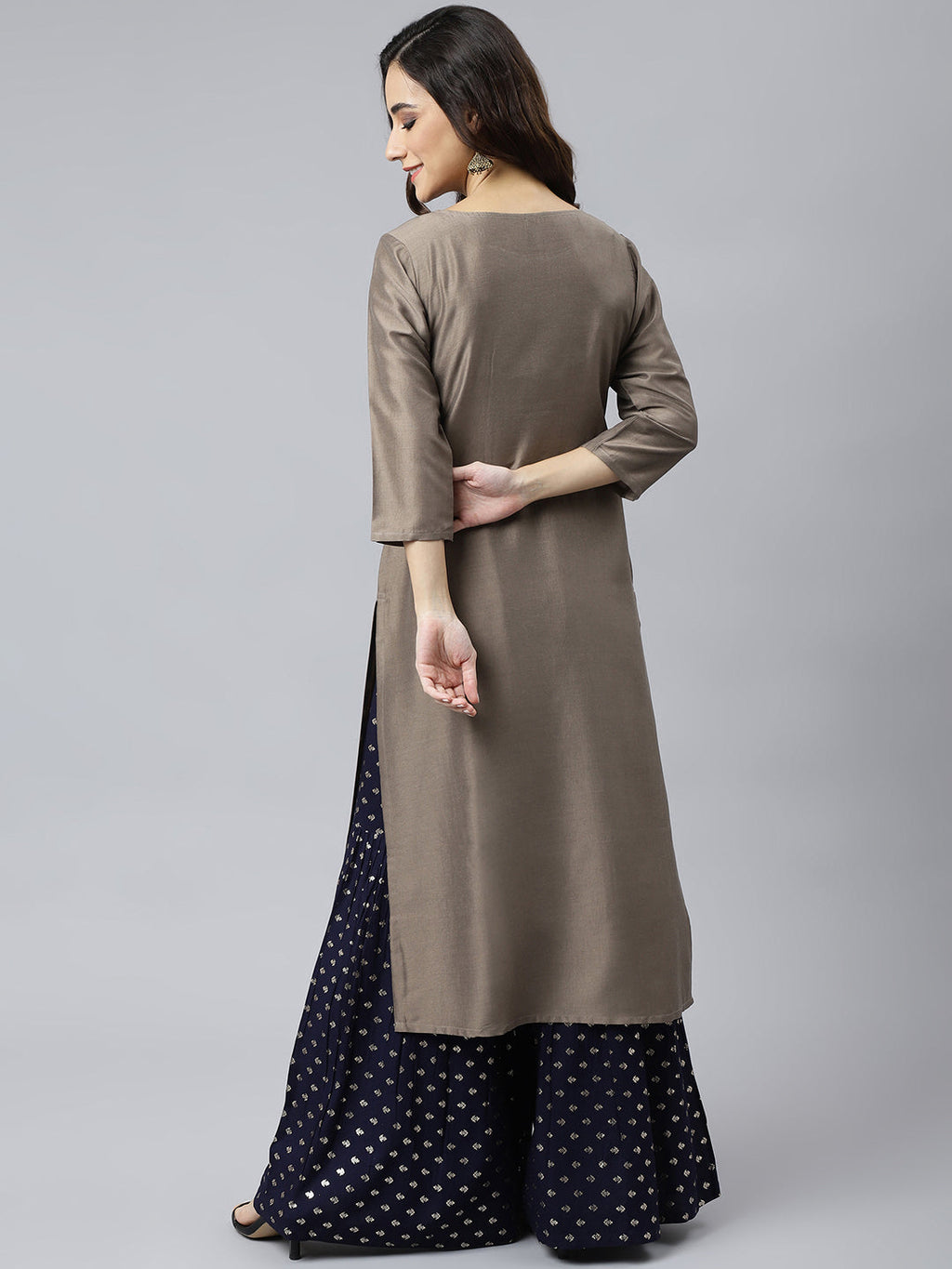 Janasya Women's Taupe Poly Silk Solid Casual Straight kurta