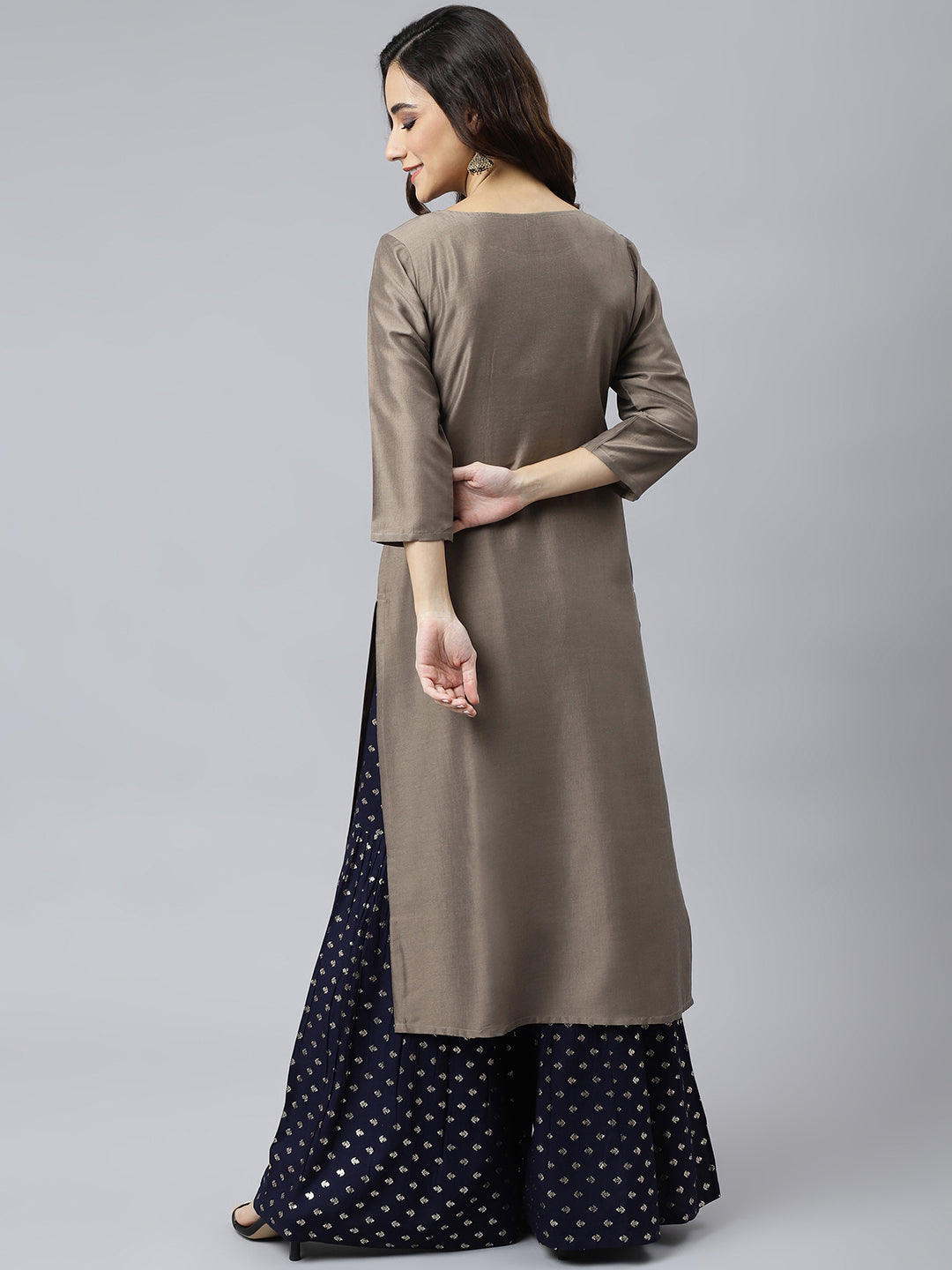 Janasya Women's Taupe Poly Silk Solid Casual Straight kurta