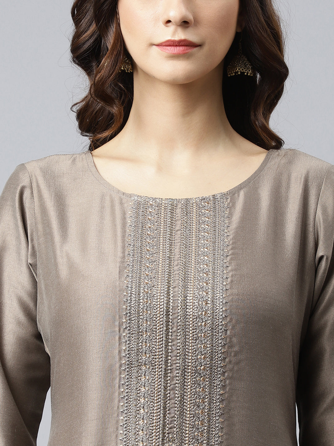 Janasya Women's Taupe Poly Silk Solid Casual Straight kurta