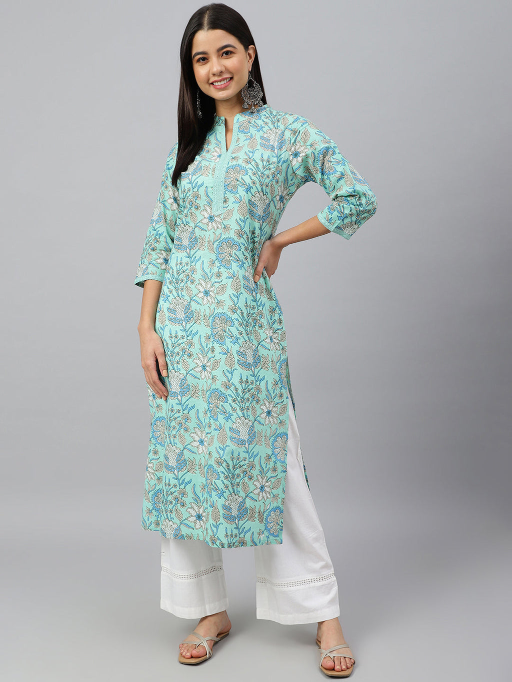 Janasya Women's Mint Green Cotton Floral Printed Casual Straight Kurta