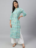 Janasya Women's Mint Green Cotton Floral Printed Casual Straight Kurta