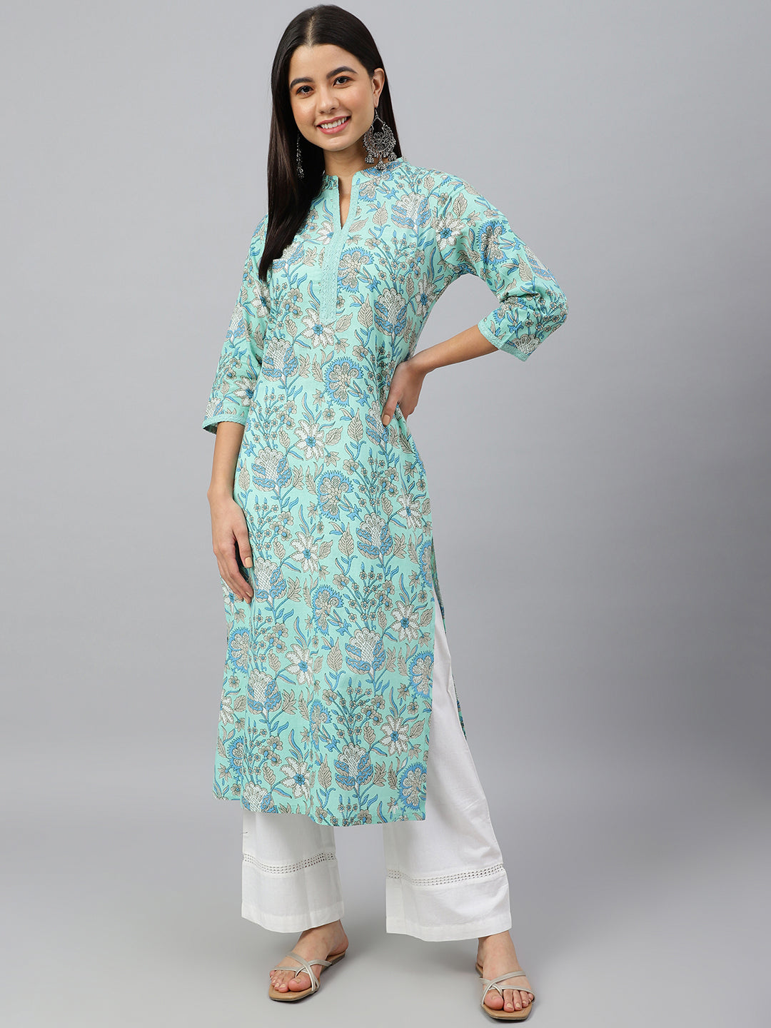 Janasya Women's Mint Green Cotton Floral Printed Casual Straight Kurta