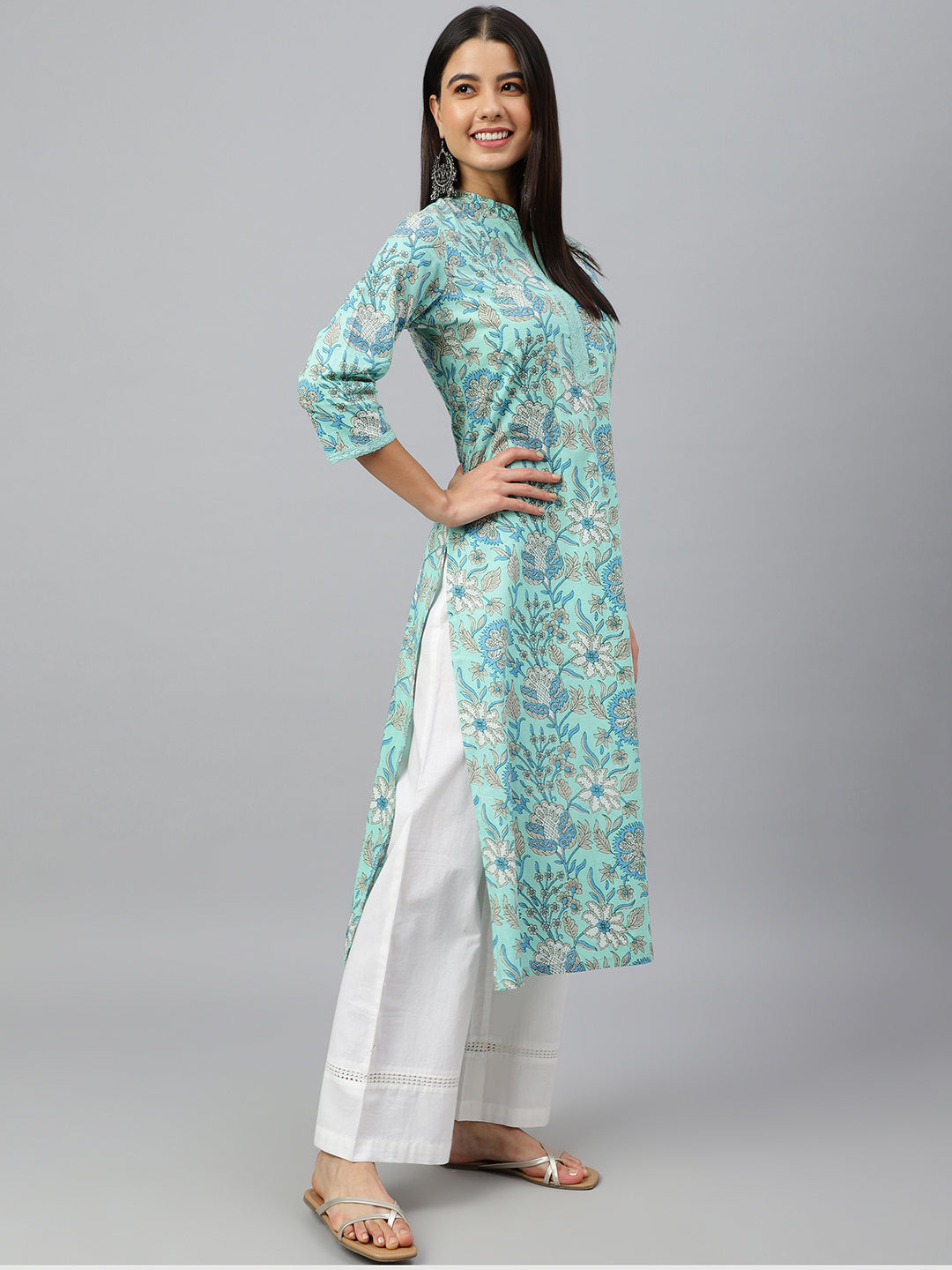 Janasya Women's Mint Green Cotton Floral Printed Casual Straight Kurta