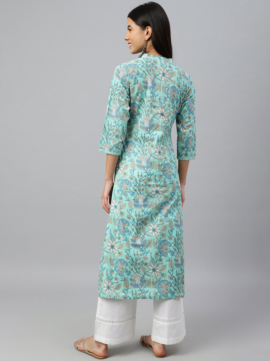 Janasya Women's Mint Green Cotton Floral Printed Casual Straight Kurta