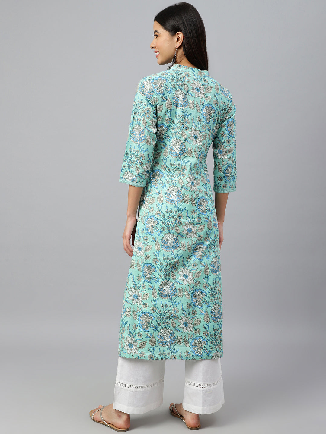 Janasya Women's Mint Green Cotton Floral Printed Casual Straight Kurta