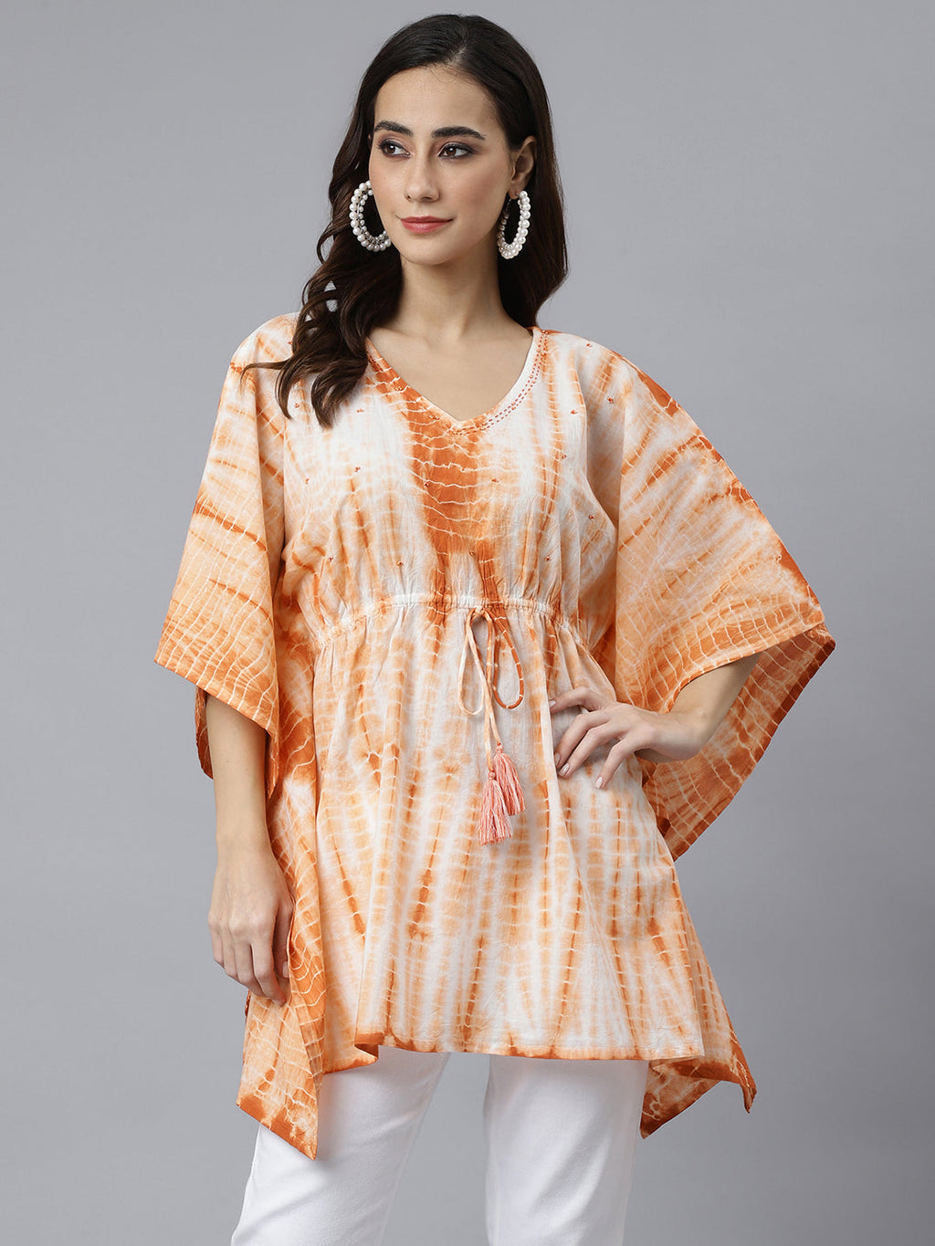 Janasya Women's Rust Cotton Tie dye Kaftan Kaftan Tunic