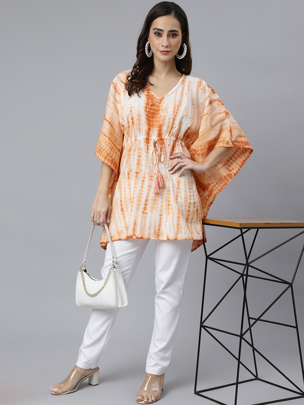 Janasya Women's Rust Cotton Tie dye Kaftan Kaftan Tunic