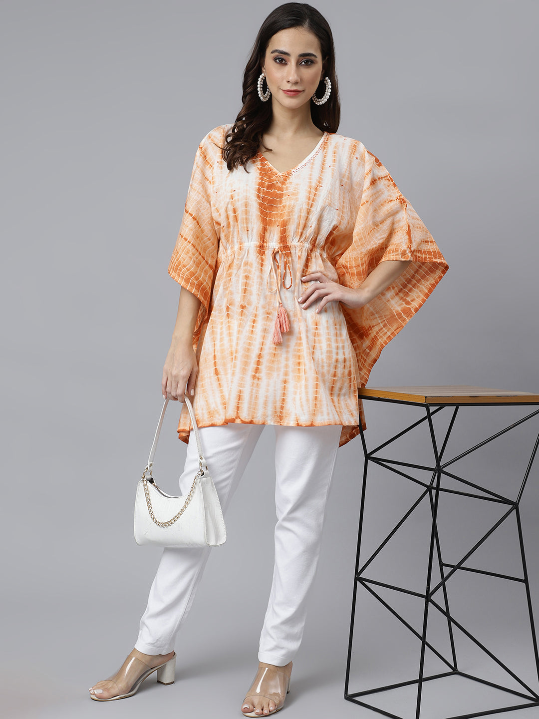 Janasya Women's Rust Cotton Tie dye Kaftan Kaftan Tunic